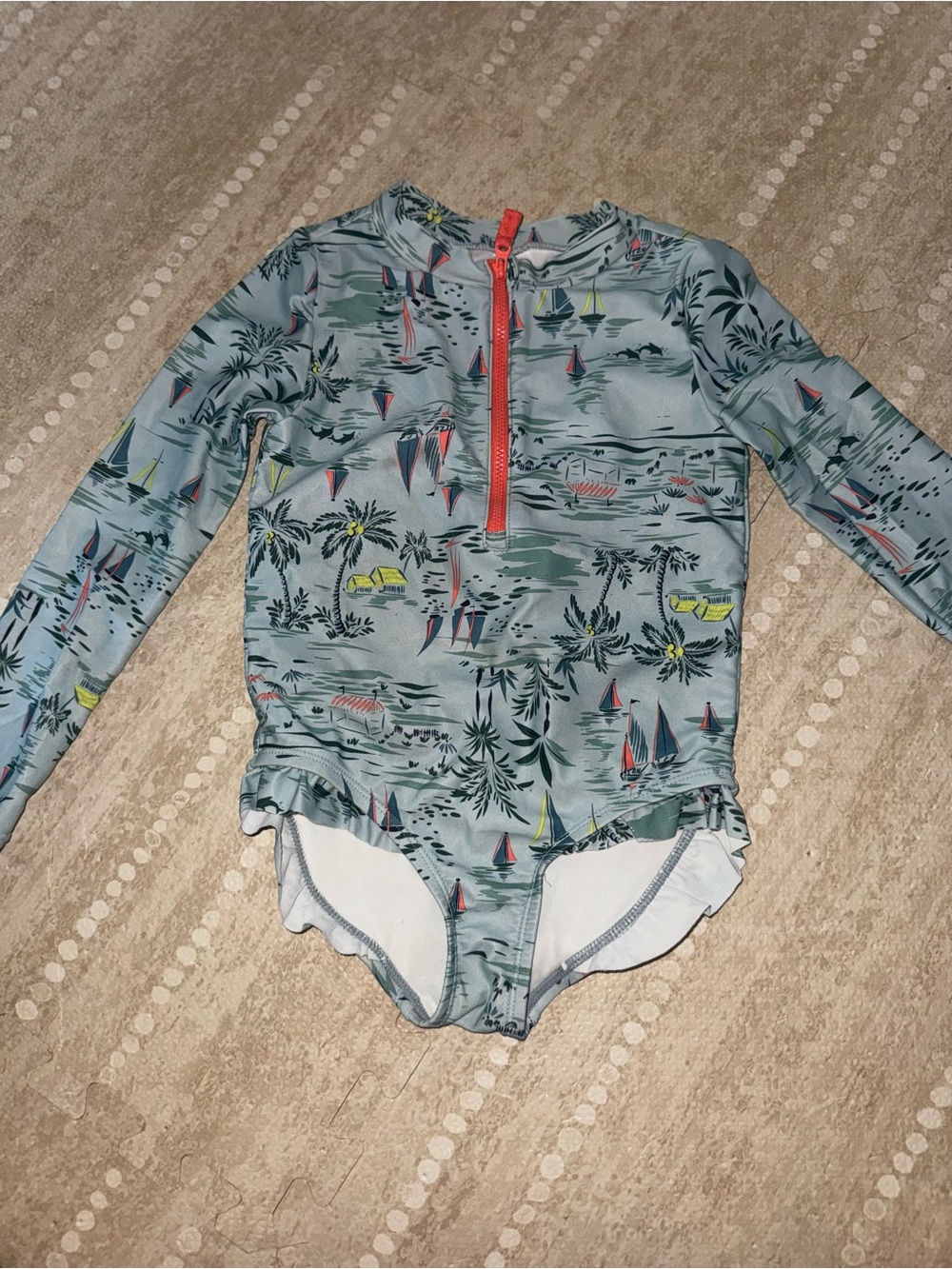Kids Long-Sleeve One-Piece Swim‎ Suit in Teal with Sailboat Print